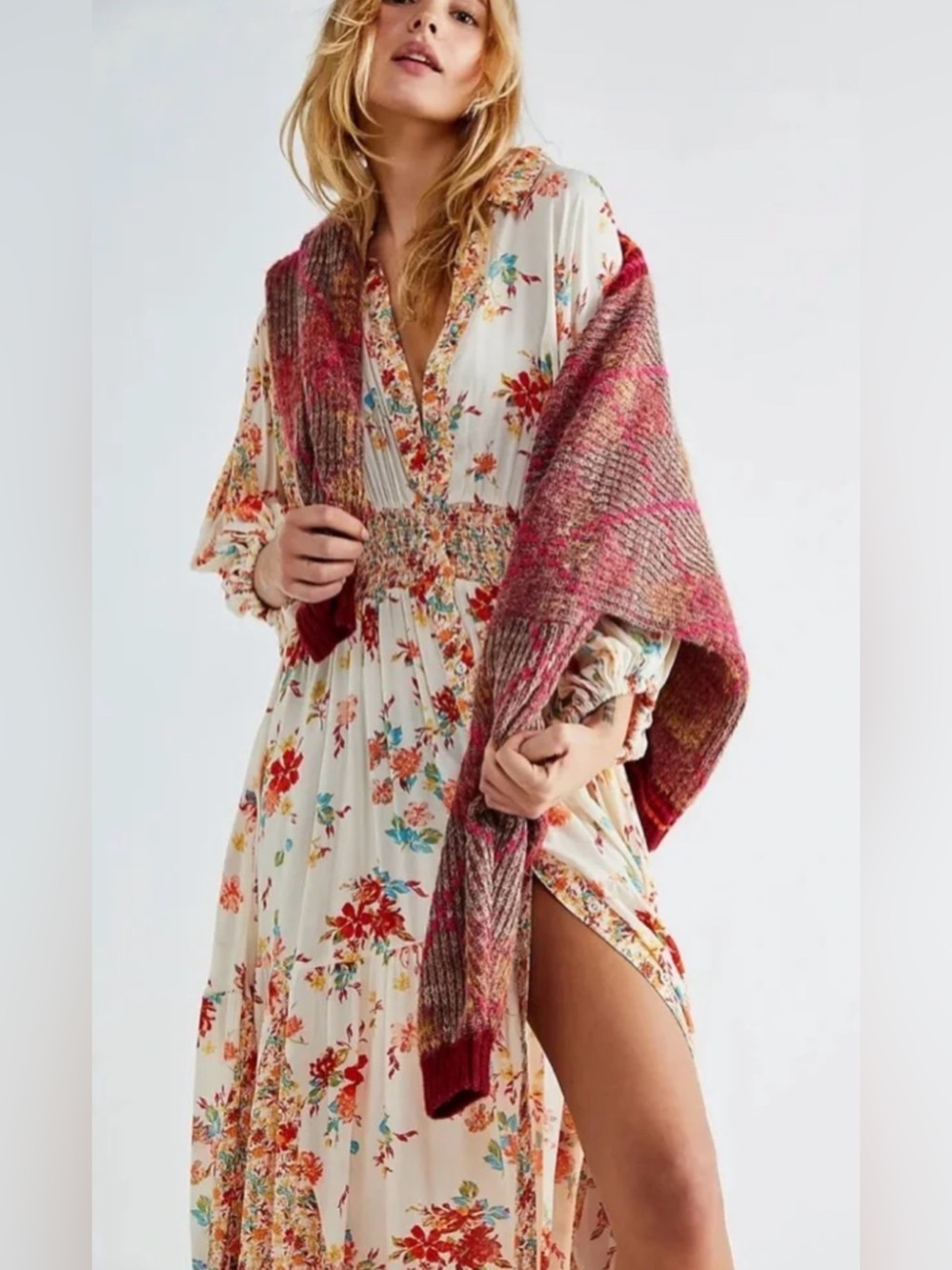 Free People Prairie Punk Shirtdress, Floral Maxi Dress Smocked Waist in Cream XL